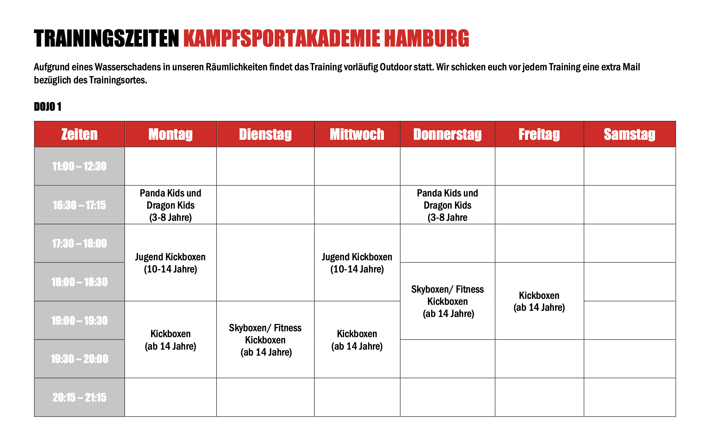 Trainingszeiten in Hamburg